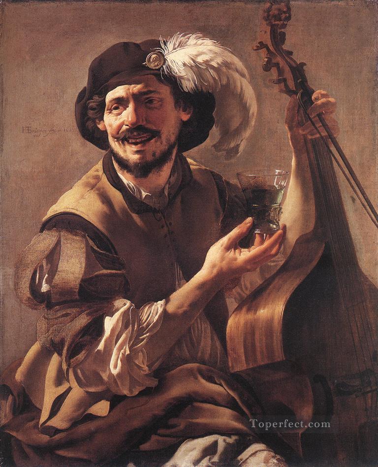 バスヴィオールとガラスの笑いながらブラボー オランダの画家ヘンドリック・テル・ブリュッヘン油絵